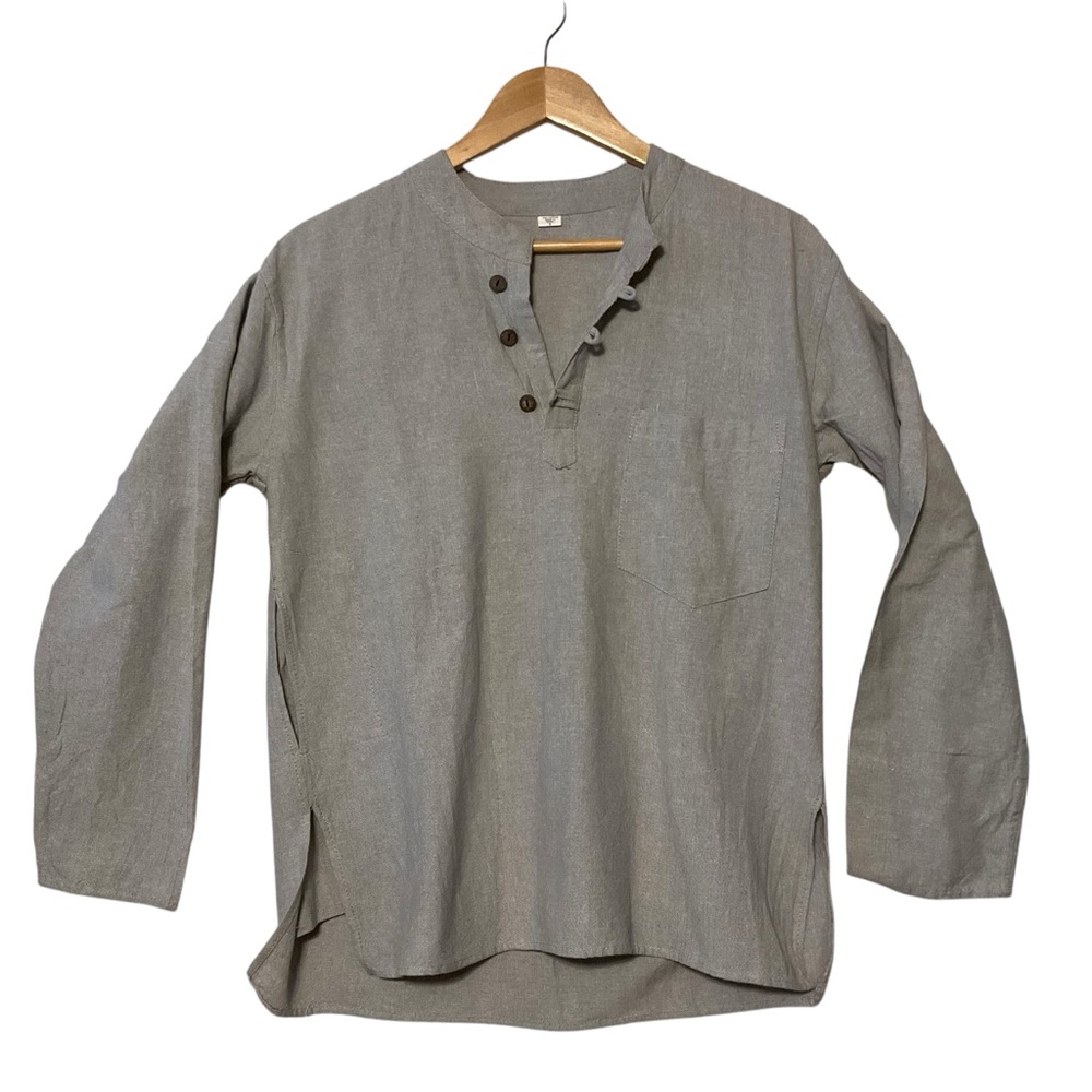 MADE IN NEPAL sz Small 100% Cotton Blouse 3 Buttons Minimalist Design Grey